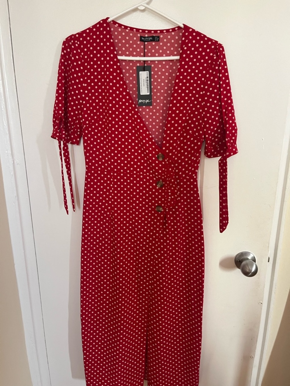 Nasty Gal Red Polka Dot V-Neck Button Midi Dress